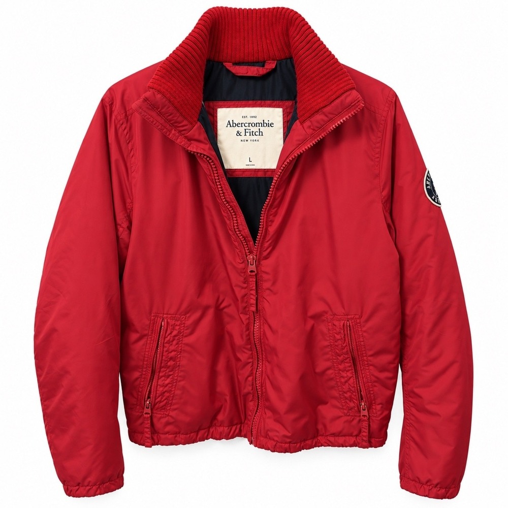 Abercrombie & Fitch Men's Bomber Jacket Red Large Full Zip Collared Insulated